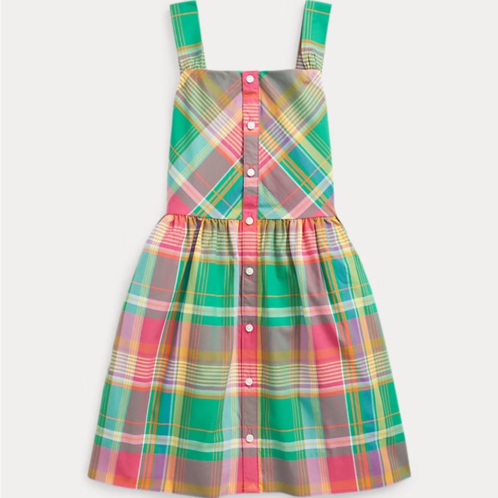 Polo Ralph Lauren Girls Size 4 Green Pink Plaid Cotton Poplin Dress